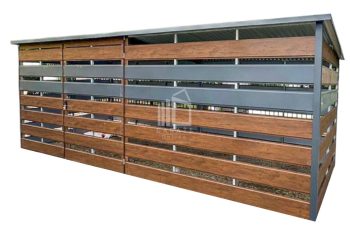 Wiata Śmietnikowa 4x1,5m - Drzwi - ściany zabudowane Panelami - Ciemny Orzech - Drewnopodobny - Antracyt - Dach spad w tył ID619