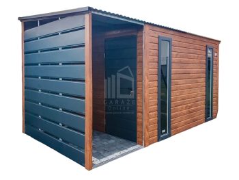 Schowek - Domek Ogrodowy PREMIUM 2,5x2m + Wiata 1m - 2x Okno - Drzwi - Jasny Orzech - Drewnopodobny - Antracyt - Dach spad w przód ID628