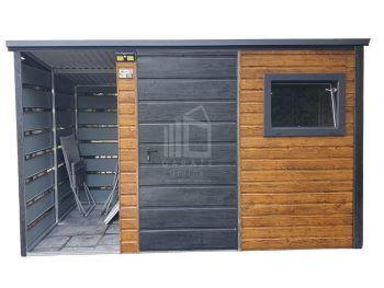 Schowek - Domek Ogrodowy 2x2,5m + Wiata 1m - Drzwi - Okno - Sosna norweska - Jasny Orzech - Drewnopodobny - Dach Spad w tył ID630