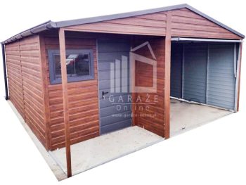 GARAŻ BLASZANY 5m x 6m wnęka - dwuspad Brama uchylna - ciemny orzech - dodatkowe drzwi ID108