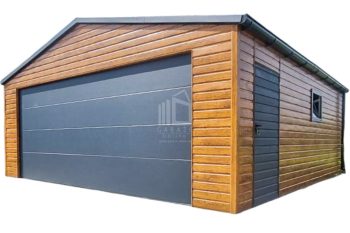 Garaż blaszany 6,5x6m - Brama segmentowa - drzwi - okno - rynny - jasny orzech - drewnopodobny - antracyt - dach dwuspadowy ID665