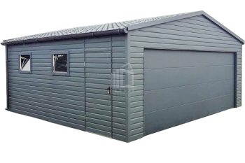 Garaż blaszany 6x6m - Brama segmentowa - drzwi - 2x okno - rynny - blachodachówka - dach dwuspadowy ID667