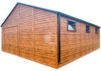 Garaż blaszany 7x7m - Brama uchylna - drzwi - 6x okno - Jasny orzech - drewnopodobny - rynny - dach dwuspadowy ID682