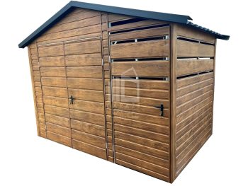Schowek - Domek Ogrodowy 2,5x2m + zabudowana wiata 1x2 - drzwi + Brama dwuskrzydłowa - Jasny Orzech - Drewnopodobny - dach dwuspadowy ID703
