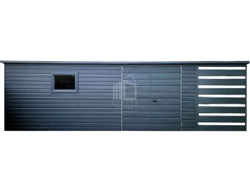 Schowek - Domek Ogrodowy 6,5x2,5m + wiata 1,5x2,5m - Brama dwuskrzydłowa - okno - Antracyt - Grafit  - dach spad w tył  ID720