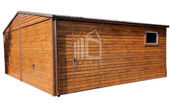 GARAŻ BLASZANY 6m x 5,8m poziom - dwuspad 2x Brama + drzwi drewnopodobny jasny orzech ID113 6x5,8