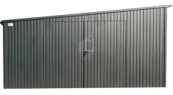 Garaż blaszany - Schowek 6x3m - Brama dwuskrzydłowa - antracyt - rynny - dach spad w bok ID765