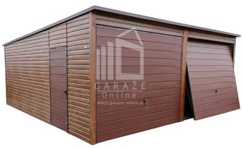 GARAŻ BLASZANY 6m x 5,8m poziom - spad tył 2x Brama uchylna + drzwi - ciemny orzech - drewnopodobny ID115 6x5,8