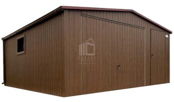 Garaż blaszany 5x5m - Brama uchylna - drzwi - okno - ciemny orzech - drewnopodobny - rynny - dach dwuspadowy ID770