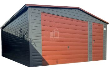 Garaż blaszany 5x6m - Brama uchylna - drzwi - ciemny brąz - antracyt - rynny - dach dwuspadowy ID772