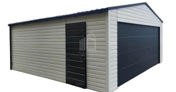 Garaż blaszany 6x5,8m - Brama segmentowa - drzwi - biały - antracyt - rynny - dach dwuspadowy ID786