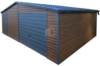 Garaż blaszany 7,5x6m - Brama uchylna - drzwi - 2x okno - ciemny orzech - drewnopodobny - blachodachówka - rynny - dach dwuspadowy ID788