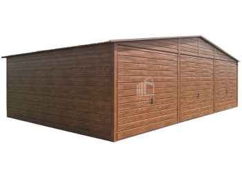 Garaz blaszany 9x6m - 3x brama uchylna - drzwi - jasny orzech - drewnopodobny - dach dwuspadowy ID793