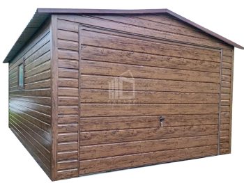 Garaż blaszany 4x6m - Brama uchylna - drzwi - okno - ciemny orzech - drewnopodobny - dach dwuspadowy ID809