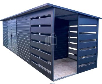 Schowek - domek ogrodowy 6x2m + wiata 1,5m - Brama dwuskrzydłowa - antracyt - dach spad w tył ID815