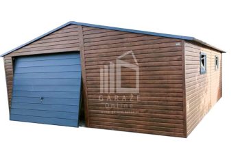 GARAŻ BLASZANY 6m x 6m dwuspad - Brama uchylna - ciemny orzech - dodatkowe drzwi - 2x okno ID118 6x6