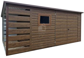 Schowek - domek ogrodowy + wiata 1x3m - 4x3m - Brama dwuskrzydłowa - okno - ciemny orzech - drewnopodobny - dach spad w tył ID841