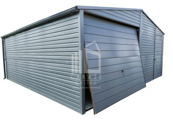GARAŻ BLASZANY 6m x 6m poziom - dwuspad - Brama uchylna - grafit antracyt - okno + drzwi + Rynny ID120 6x6