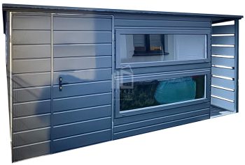 Schowek - domek ogrodowy PREMIUM 3,8x2,5m + wiata 0,7x2,5m - Brama dwuskrzydłowa - 2x Okno - antracyt - rynny - dach spad w tył ID877