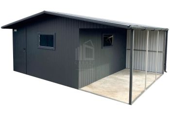 Garaż blaszany - Domek ogrodowy - Schowek 4x6m + Wiata 2x6m - Drzwi - 2x Okno - Antracyt - Rynny - Dach dwuspadowy ID921