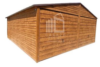 GARAŻ BLASZANY 6m x 6m poziom - dwuspad 2x Brama + dodatkowe drzwi - drewnopodobny jasny orzech ID123 6x6