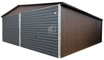 Garaż blaszany 6x5,8m - 2x Brama uchylna - Ciemny orzech - drewnopodobny - antracyt - rynny - dach dwuspadowy ID926