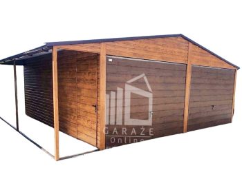 GARAŻ BLASZANY 6m x 6m poziom - dwuspad 2x Brama uchylna - drzwi - wiata - rynny jasny orzech ID124 6x6
