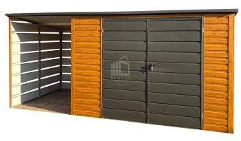 Schowek - Domek Ogrodowy 3x2m + wiata 1,5m - Brama - jasny orzech - dach spad w tył ID962