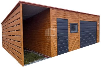 Garaż blaszany 6x6m + Wiata 1,5m - Brama uchylna - drzwi - okno - jasny orzech - drewnopodobny - antracyt - dach spad w tył ID968
