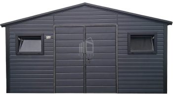 Schowek - domek ogrodowy 4,5x3m - Brama dwuskrzydłowa - 2x okno - antracyt - czarny - dach dwuspadowy ID975