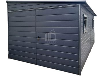 Garaż blaszany 3x6m - brama dwuskrzydłowa - 2x okno - antracyt - dach spad w bok ID754