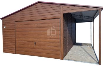Garaż blaszany 4x6m + wiata 1,5m - brama uchylna - drzwi - ciemny orzech - drewnopodobny - dach dwuspadowy ID982