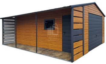 Garaż blaszany 4x5m + wiata 1x5m - brama - drzwi - okno - jasny orzech - drewnopodobny - antracyt - dach dwuspadowy ID988