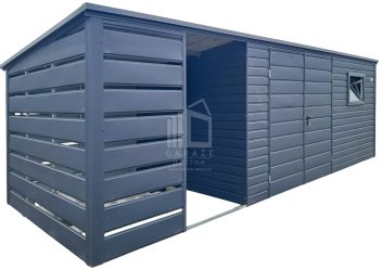 Schowek - domek ogrodowy 4,5x2,5m + wiata 2m - brama -  okno - antracyt - dach spad w tył ID994