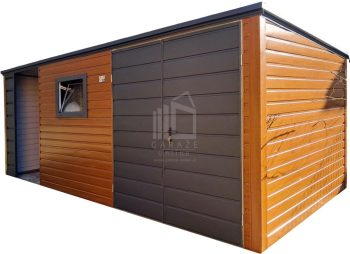 Schowek - domek ogrodowy 4,5x2m + wiata 2m - brama - okno - jasny orzech - drewnopodobny - dach spad w tył ID1001