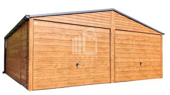 GARAŻ BLASZANY 6m x 7m poziom - dwuspad 2x Brama - okno - rynny - drewnopodobny złoty dąb ID127 6x7