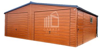 GARAŻ BLASZANY 7m x 6m - dwuspad 2x Brama + drzwi - rynny - drewnopodobny złoty dąb ID128 7x6