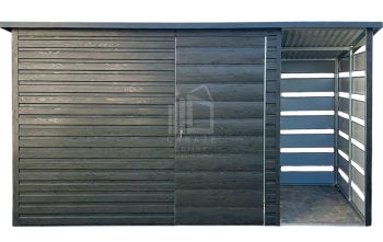 Schowek - domek ogrodowy 3x2m - wiata 1m - drzwi - sosna norweska - drewnopodobny - dach spad w tył  ID1054