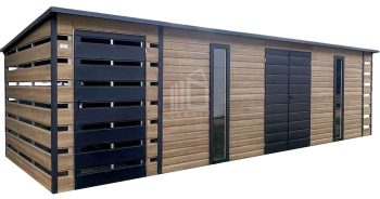 Schowek - domek ogrodowy PREMIUM 6x2,5m - wiata 0,5m - wiata 1,2m - drzwi - 2x okno - brama dwuskrzydłowa - winchester - drewnopodobny - dach spad w tył  ID1057