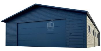 Garaż blaszany 8x8m + wiata 2m - brama segmentowa - drzwi - 4x okno - antracyt - rynny - dach dwuspadowy ID1066
