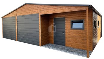 Garaż blaszany 9x6m - wnęka - 2x brama uchylna - drzwi - 3x okno - jasny orzech - antracyt - drewnopodobny - rynny - dach dwuspadowy ID1067