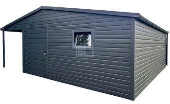 Schowek domek ogrodowy 4,5x5m + wiata 1,5m - drzwi - okno - antracyt - rynny - dach dwuspadowy - blachodachówka ID1082