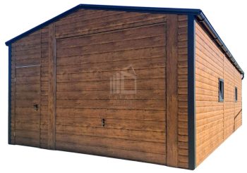 Garaż blaszany 5x6m - brama uchylna - drzwi - 2x okno - jasny orzech - drewnopodobny - rynny - dach dwuspadowy  ID1100