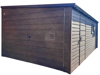 Garaż blaszany 3,5x5m - brama dwuskrzydłowa - drzwi - okno - ciemny orzech - drewnopodobny - dach spad w bok ID1109