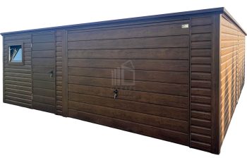 Garaż blaszany 5,5x6m - brama uchylna - drzwi - okno - ciemny orzech - drewnopodobny - spad dachu w tył  ID1125