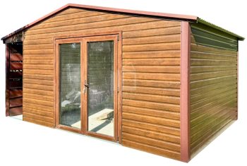 Schowek - domek ogrodowy PREMIUM 5,5x4m - wiata 0,5m - drzwi szklane PCV - jasny orzech - drewnopodobny - dach dwuspadowy  ID1136