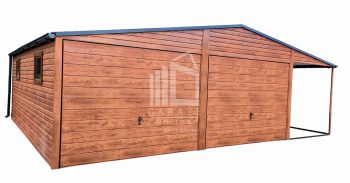 GARAŻ BLASZANY 6m x 6m + 2m. wiata  - rynny - dwuspad 2x Brama uchylna  + drzwi + 2x okno - drewnopodobny ciemny orzech ID137 6x6