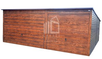 GARAŻ BLASZANY 6m x 6m poziom - spad tył - 2x Brama uchylna ciemny orzech - drewnopodobny ID150 6x6