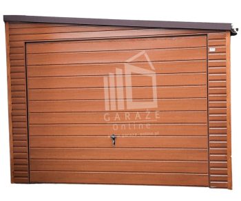 GARAŻ BLASZANY 3,5m x 6m poziom - spad w prawo - 2x Brama uchylna - jasny orzech - drewnopodobny ID161 3,5x6
