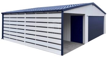 Garaż blaszany 6x6 + wiata 3x6 - brama segmentowa - drzwi - okno - biały - antracyt - blachodachówka - rynny - dach dwuspadowy ID1211